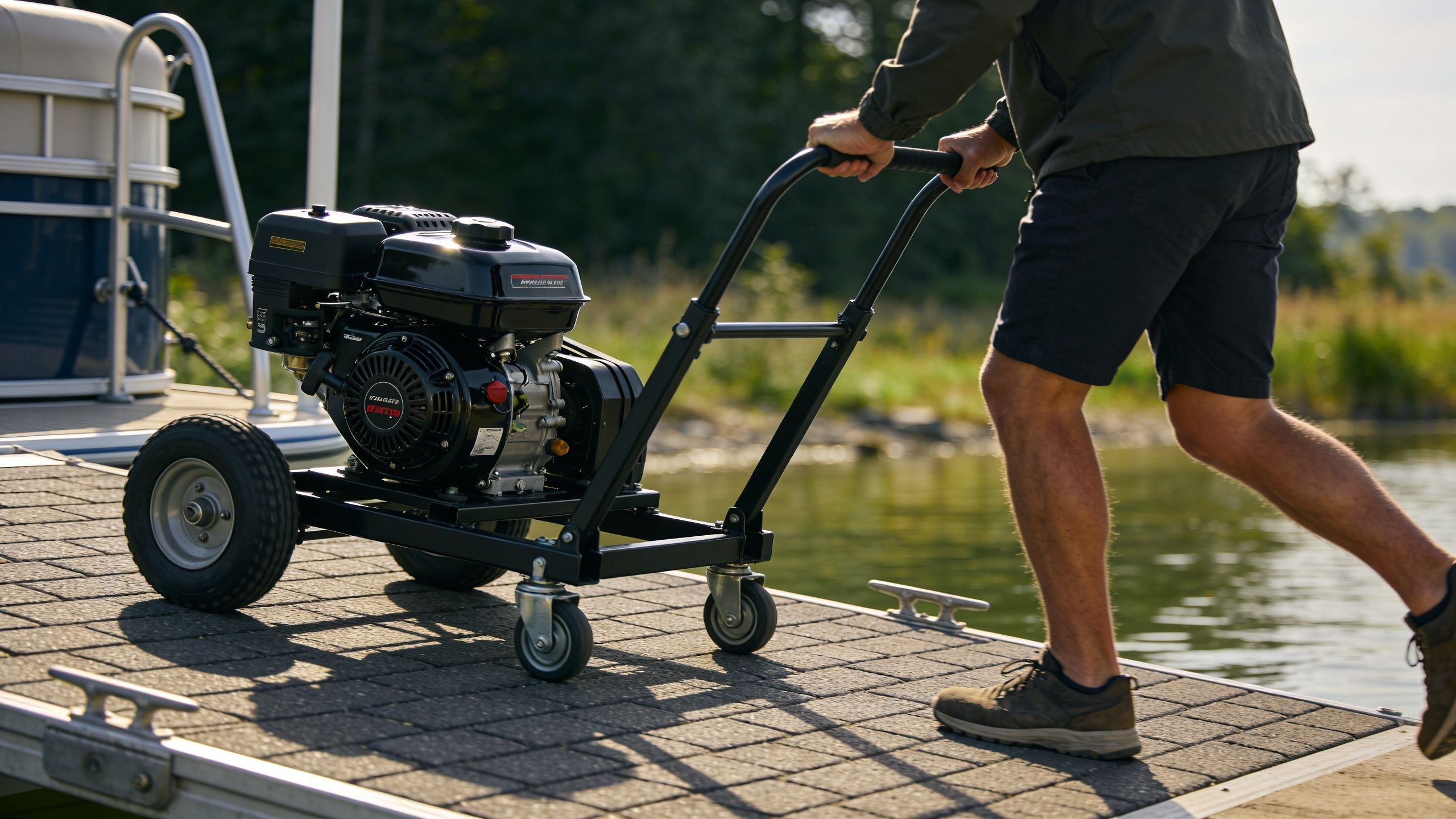 A man in shorts pushing a portable outboard motor trolley on a wooden dock by the lake.