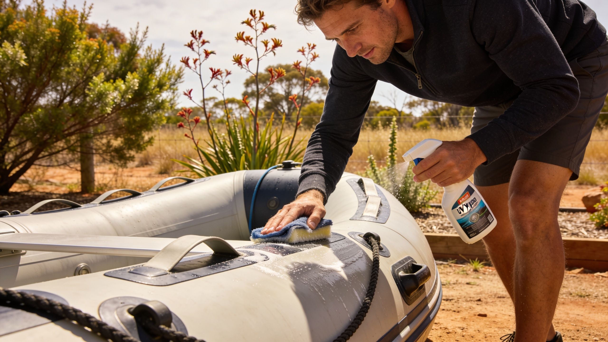 A man cleaning a rib inflatable boat using a spray bottle and a sponge outdoors.