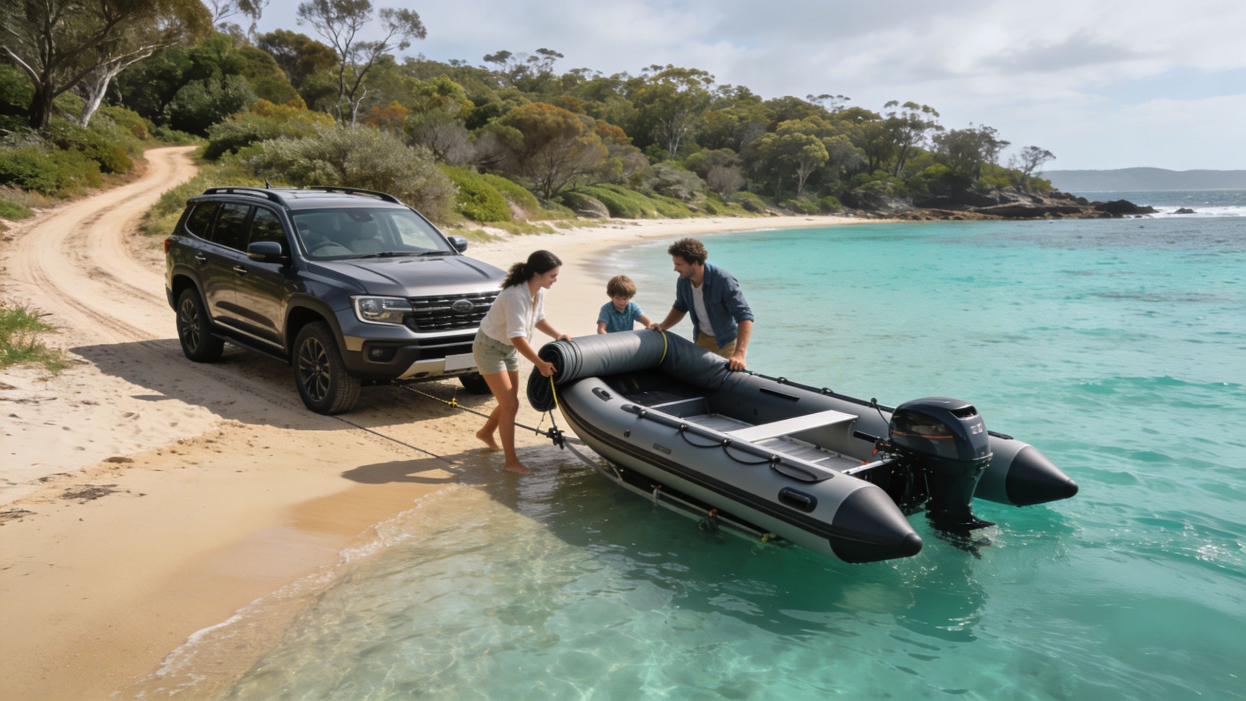 A family unloading an inflatable RIB boat from their SUV on a beautiful sunny beach.