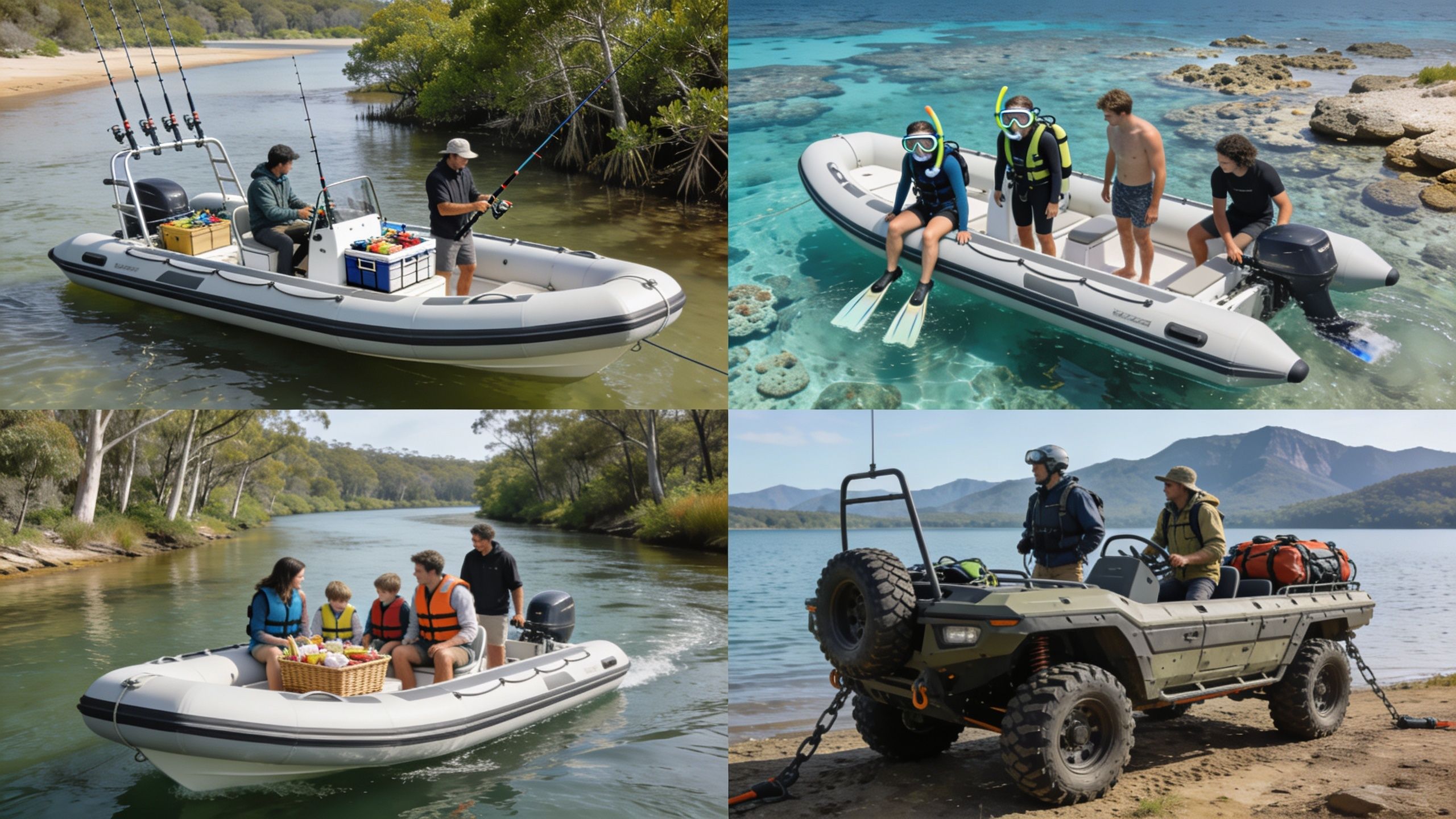 A collage showing versatile rib inflatable boats for fishing, snorkeling, and family outings in various water environments.