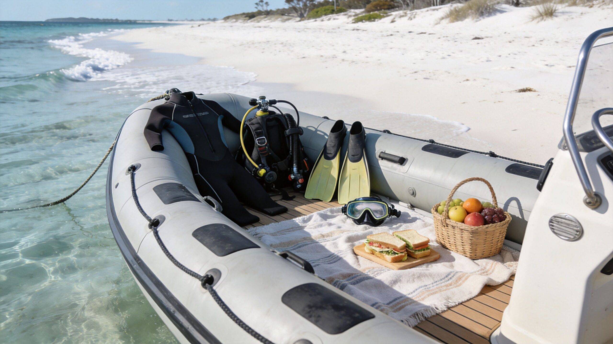 A rigid inflatable boat parked on a white sandy beach with scuba gear and a picnic lunch.