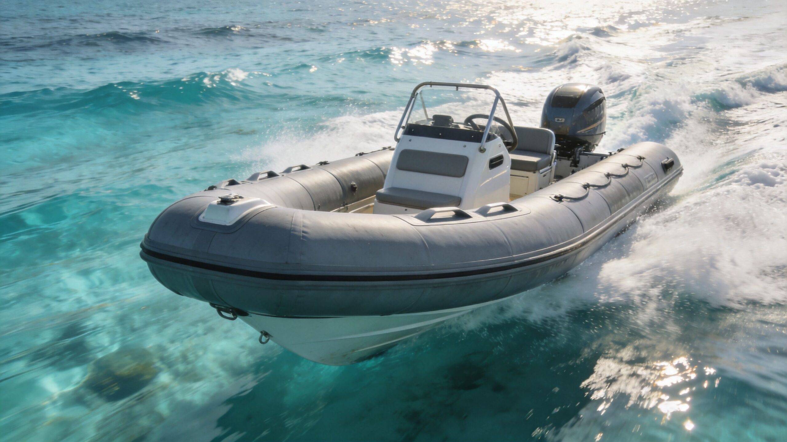 A rigid inflatable boat traveling at speed across bright turquoise tropical ocean water on a sunny day.