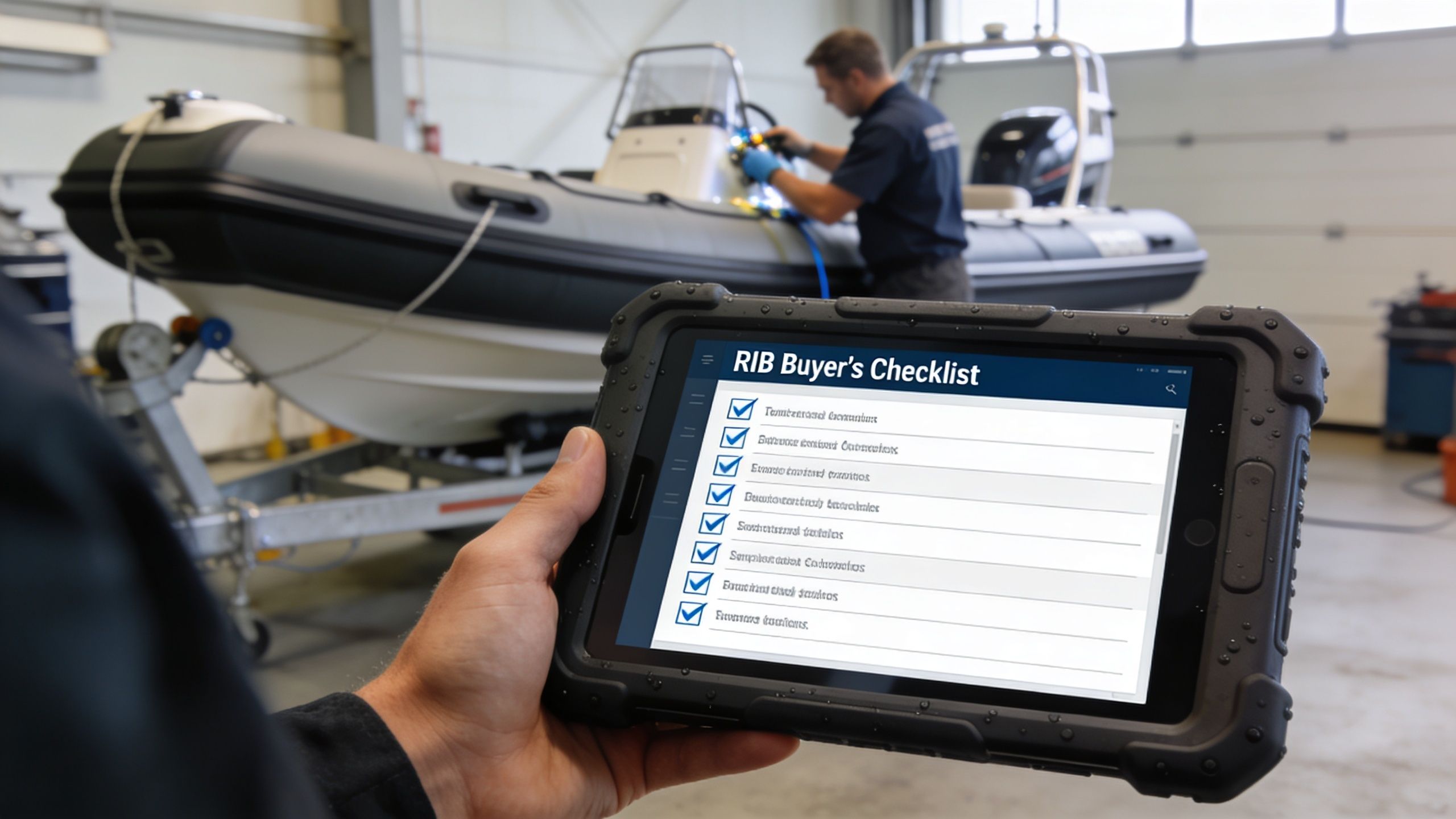 A technician holds a digital tablet displaying a RIB boat inspection checklist in a boat maintenance workshop.