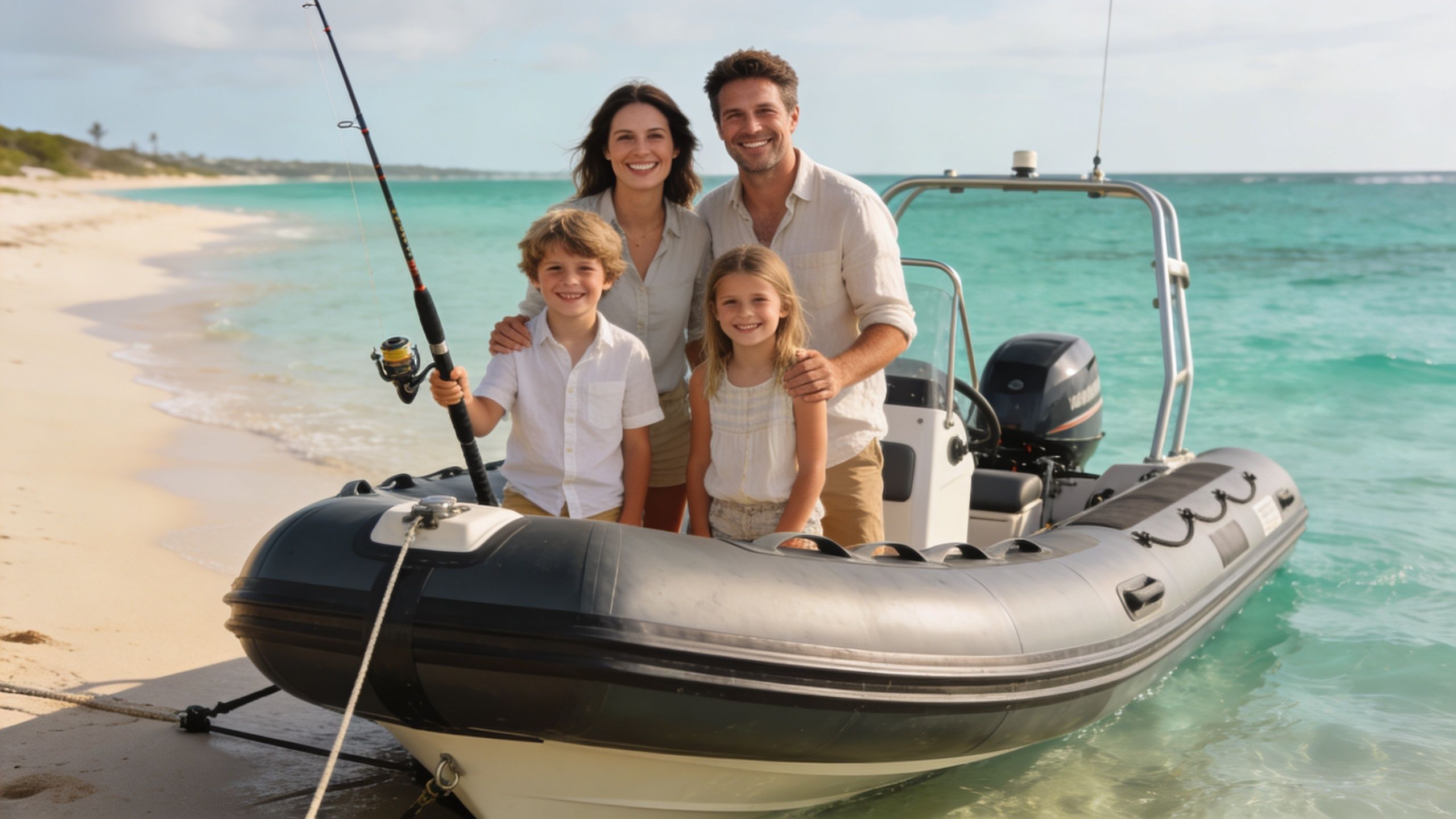 A happy family standing in a rigid inflatable boat parked on a beautiful sandy tropical beach.