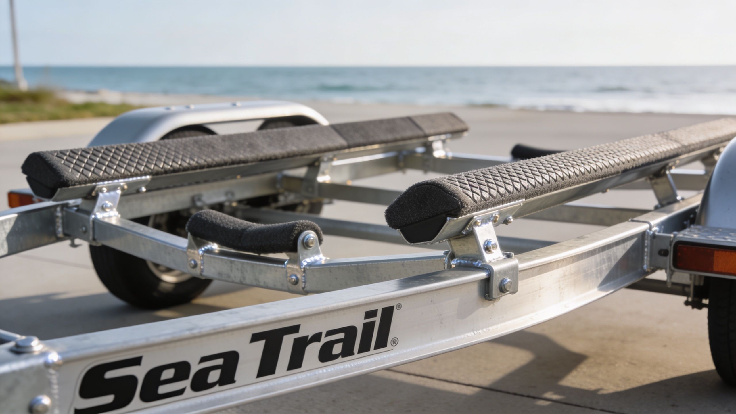 A close-up view of a galvanized metal Sea Trail boat trailer parked on a concrete surface.