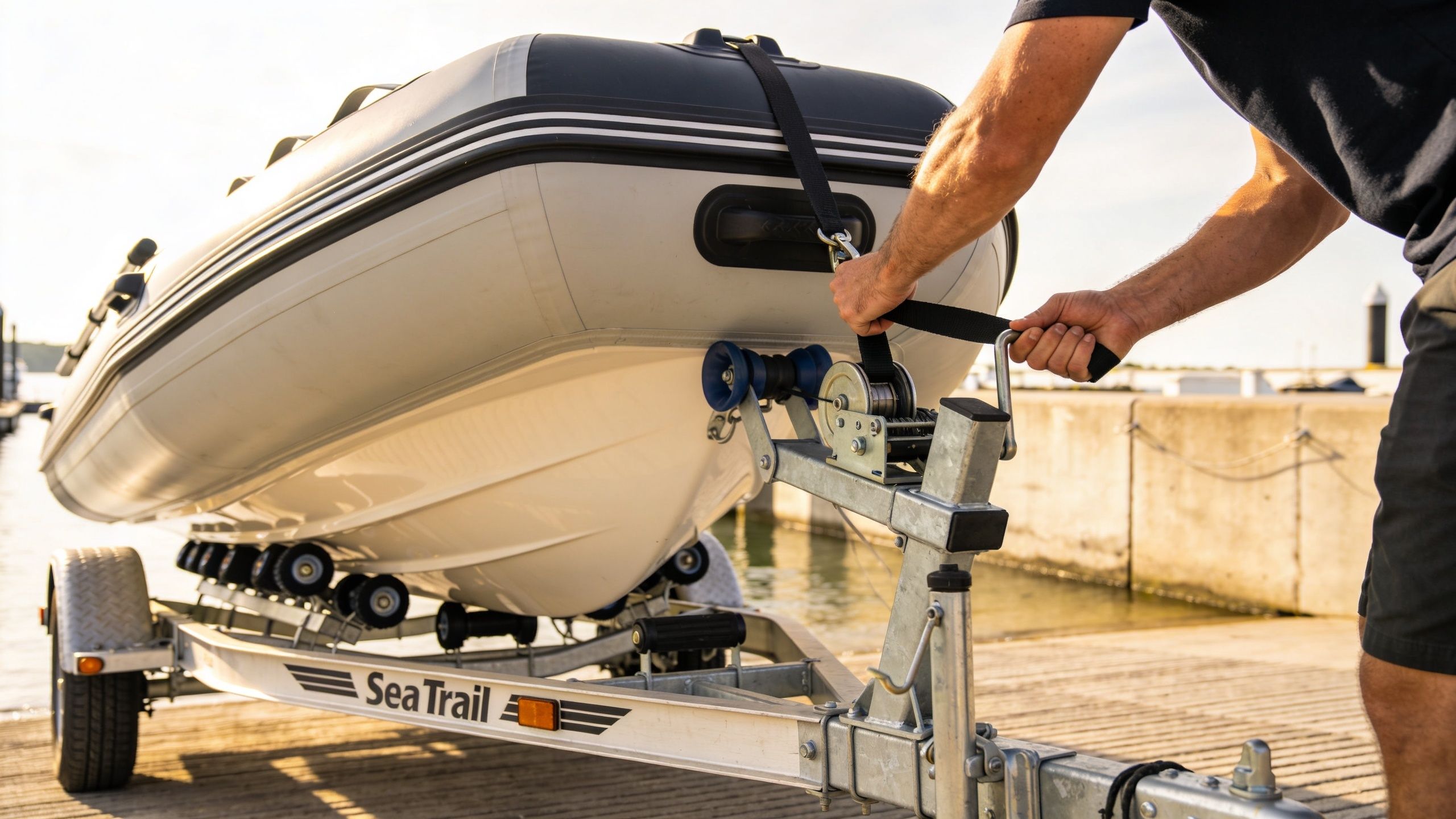 A person tightening a black strap on a Sea Trail boat trailer with an inflatable boat.