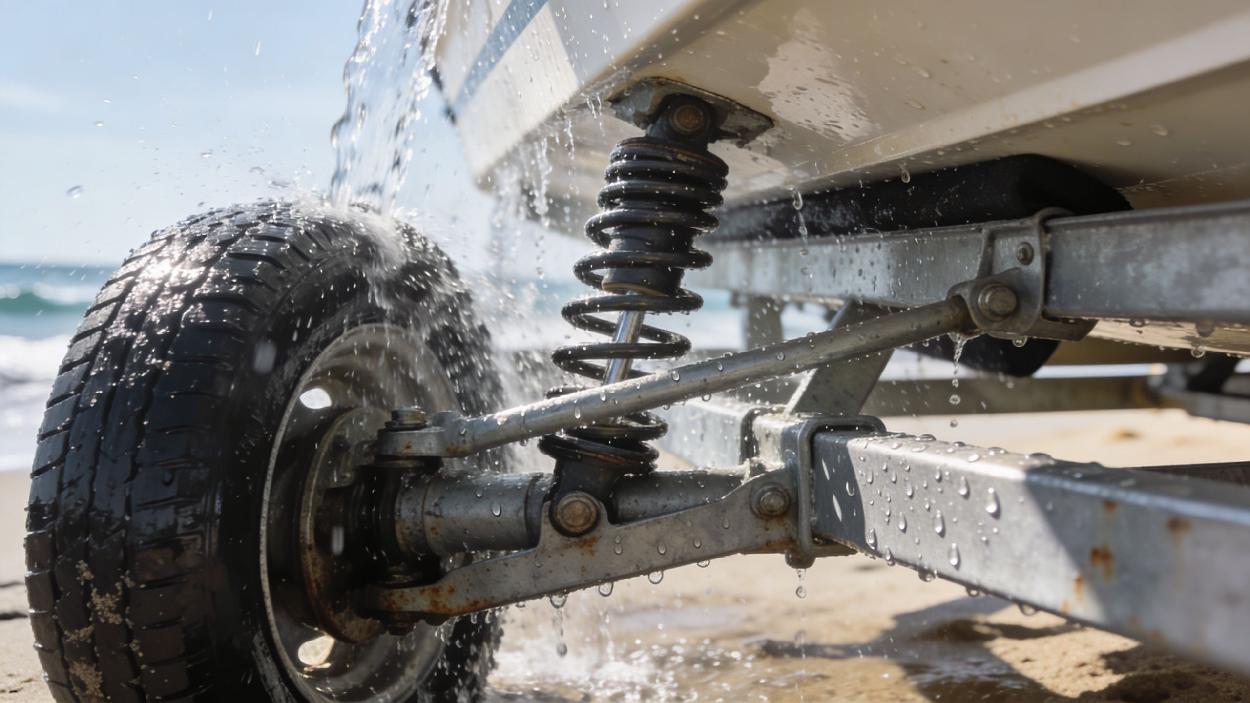 A close-up view of a boat trailer wheel suspension system being sprayed with water on a beach.