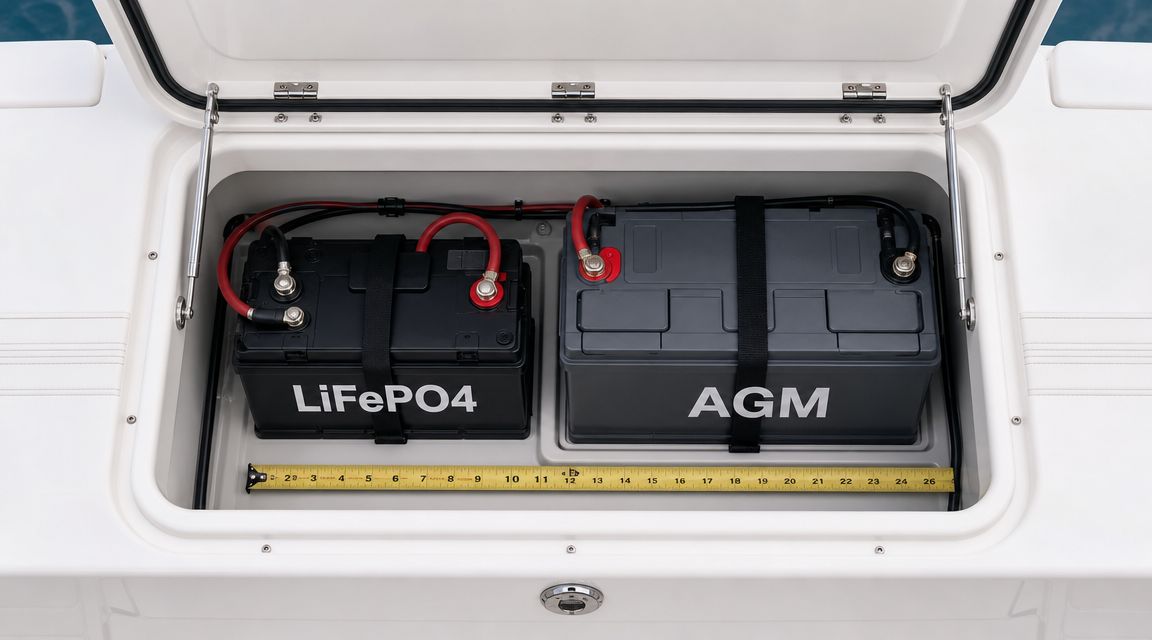 A top-down view showing a LiFePO4 battery and an AGM battery inside a waterproof boat compartment.
