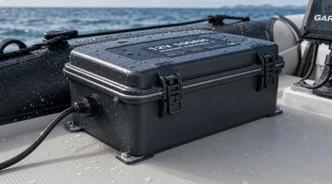 A black waterproof battery box secured to the deck of a boat on a cloudy day.