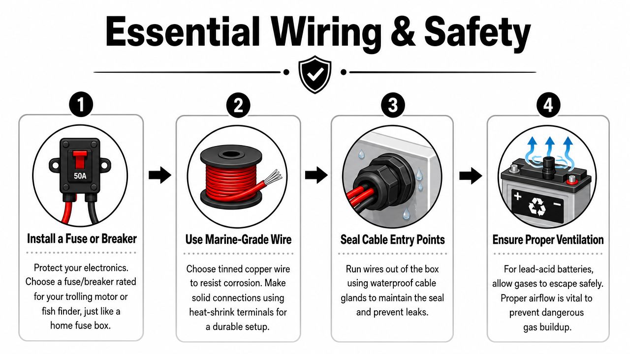 A four-step infographic illustrating essential wiring and safety guidelines for installing marine-grade battery equipment.